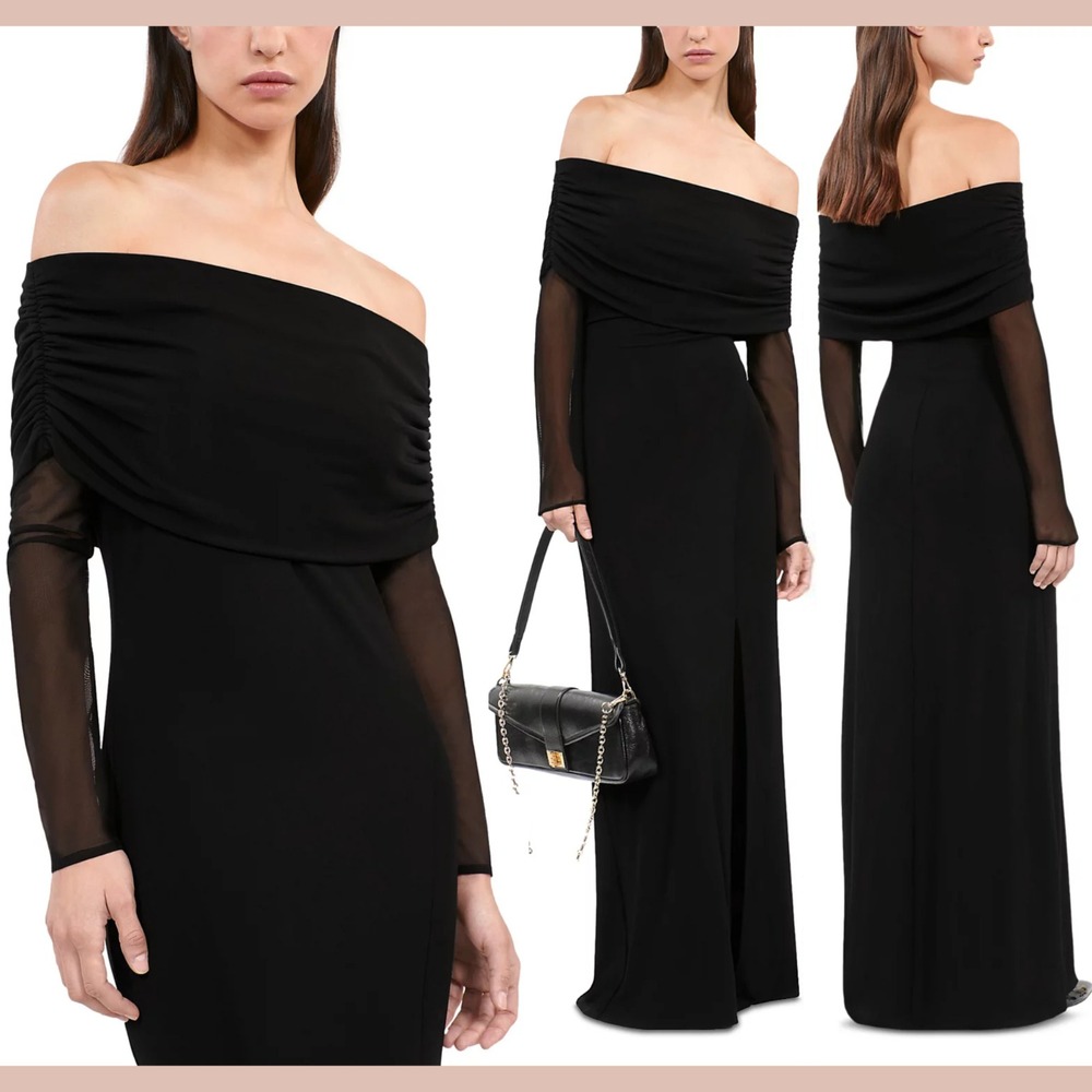 NWT $475 The Kooples [ SZ 4 ]‎ Off The Shoulder Mesh Sleeve Gown Black #U1264